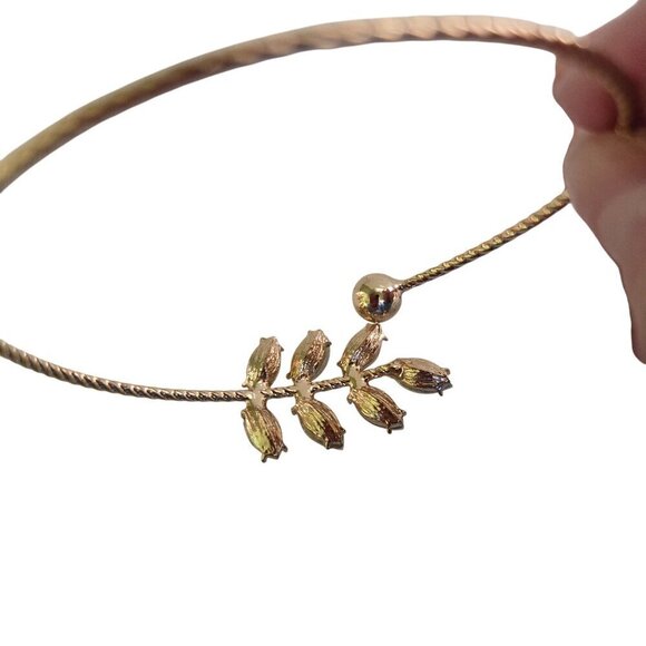 Vintage Rhinestone Leaf Ball Twisted Goldtone Bracelet Adjustable Wedding Delica - Picture 3 of 5